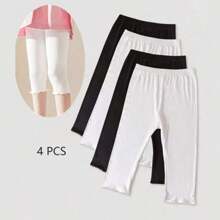4 Pairs Summer Girls/Kids/Infants Ruffle Edge Capri Leggings, White/Gray/Black/Pink Solid Colors, Thin 3/4 Length Pants, Casual Cute Fashion, Soft & Comfortable Bottoms, Suitable For Daily Wear, Can Be Paired With Tops Or Skirts