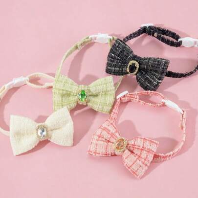Pet One-Piece Plaid Solid Color Cat Collar, Small/Medium Dog Bow Tie Collar, Bow Tie Rhinestone Collar, Small Dog Diamond Chain Collar, Dog Bow Tie, Cat Bow Tie Collar