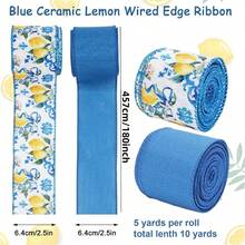 2 Rolls, Lemon Wired Edge Ribbon - Blue Tile Lemon Floral Craft Ribbon With Stitched Edges, Durable Polyester For Summer Birthday Gift Wrapping, Wreath & DIY Crafts