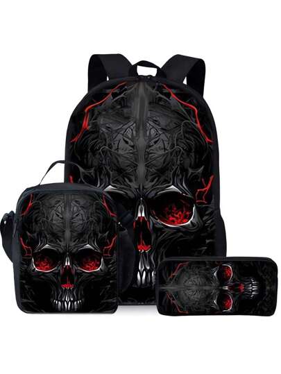 Stylish Backpacks(Single-Layer Backpack+Shoulder Strap Lunch Bag+Single-Layer Pencil Bag)With Adjustable Strap, Zipper Closure,Three Pieces Set Includes Backpack, Cross Body Bag, And Pencil Case,Design For School, Travel, Camping Halloween Bags