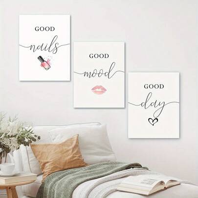 3pcs Wooden Frame Nail Art, "Good Nails Good Mood Good Day" Nail Salon Wall Art, Beauty Wall Decor Painting, Creative Waterproof Canvas Poster, Artwork For Gifts, Bedroom & Living Room Wall Decoration, Home And Dormitory Decoration