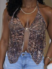 Steph T Camiseta sin espalda con cuello halter y estampado de leopardo vintage, con bajo con abertura, para mujeres en clima cálido de verano - Marrón - Ver 1