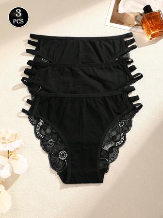 3pcs/Set Solid Color Lace Patchwork Spaghetti Strap Hollow Out Sexy Romantic Ladies Panties