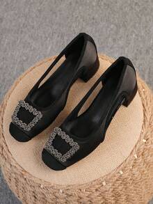 Square Toe Chunky Heel Women's Shoes, Versatile Rhinestone Button Slip-On Flats, Fashionable Mule Shoes, Black High Heels, Women's High Heel Pumps, Run Large, Size 35-43