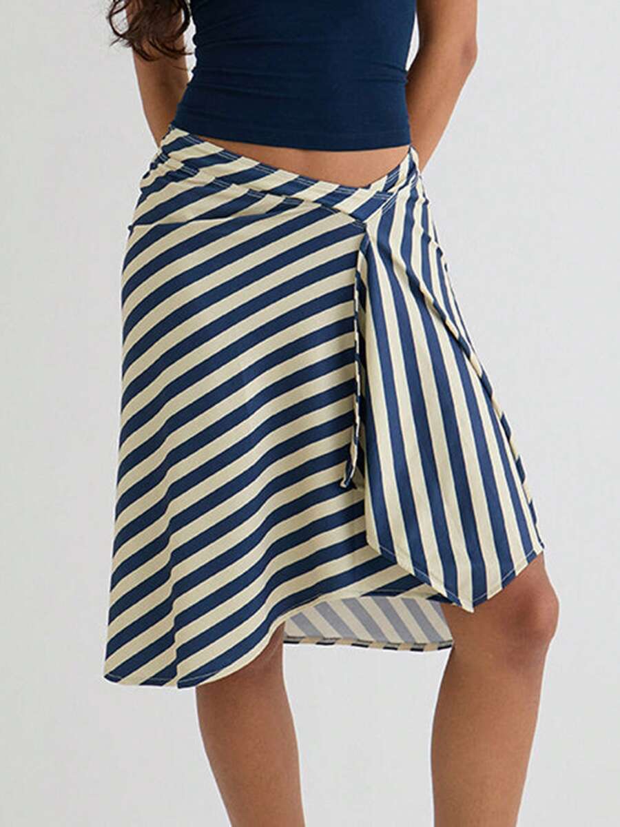 Women Summer Midi Skirts Casual Elegant Solid/Stripe/Plaid Print A-Line Skirt For Beach Vacation Streetwear - 藍色 - 查看 1