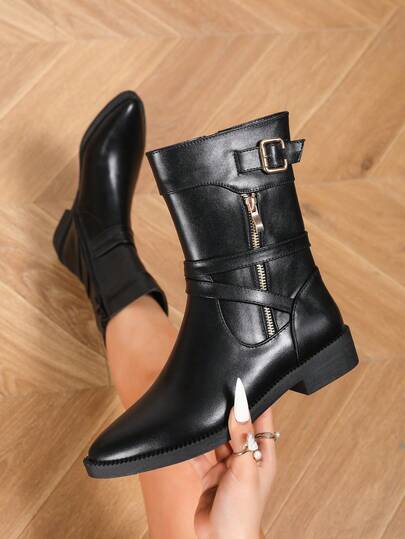 Women's Fashion Chunky Heel Mid-Calf Boots, New Autumn/Winter Metal Zipper Decor Short Shaft Riding Boots With Side Zipper & Buckle, Pointed Toe Comfortable Casual/Office/Vacation Ankle Boots