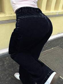Women's Mid-Rise Non-Stretch Cargo Denim Pants | Drawstring Elastic Waist Baggy Wide Leg Utility Non-Stretch Denim Cargo Jeans - 黑色 - 查看 2