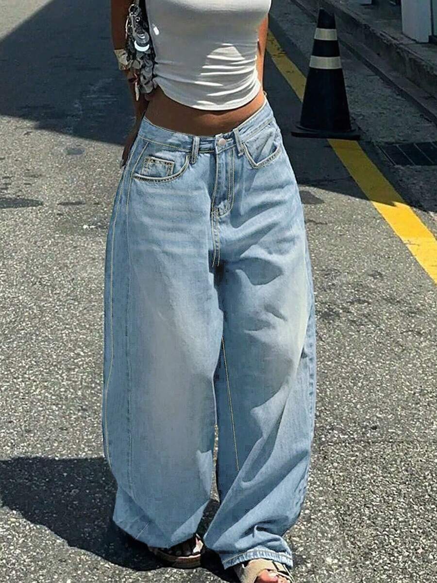 Casual American Street Style Minimalist Daily Commute Versatile Women Jeans - 淺色水洗藍 - 查看 1