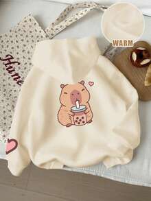 Tween Girl Graphic Print Thermal Lined Hoodie Sweatshirt, Warm & Comfortable For Autumn/Winter