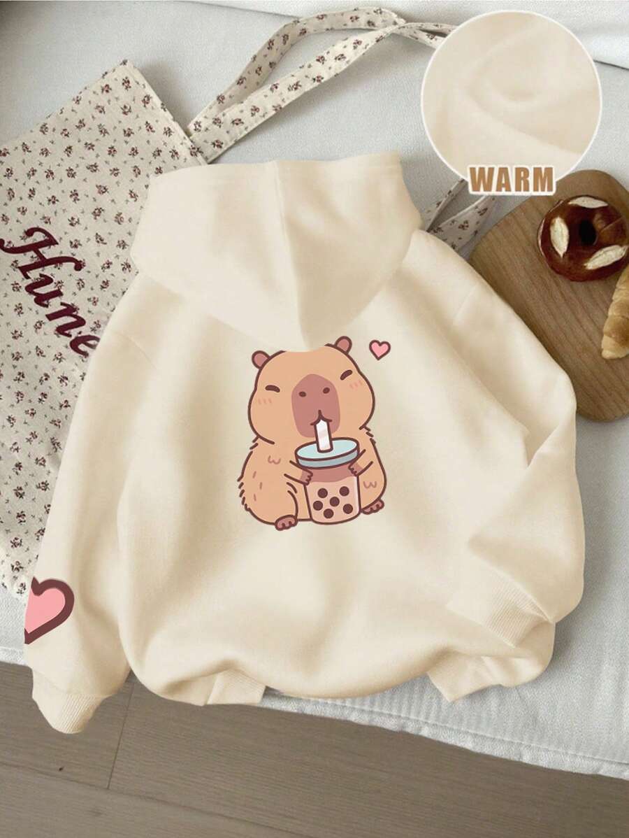 Tween Girl Graphic Print Thermal Lined Hoodie Sweatshirt, Warm & Comfortable For Autumn/Winter