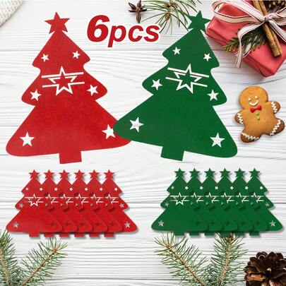 Set da 6 pezzi, decorazioni natalizie in feltro: albero di Natale, porta posate a forma di stella, fermaposate natalizi, sottopiatti natalizi, decorazioni per tavola da festa natalizia, aggiungono colore alla tua tavola per feste di Natale e altre occasioni festive