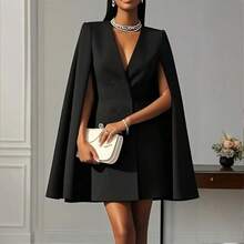 Women's Elegant Solid Color V Neck Double-Breasted Cape Blazer Dress Spring & Summer Party Banquet Outfit