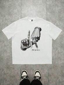 Los Angeles LA Hand Gesture Print Street Style Black Drop Shoulder-Shirt Men - 白色 - 查看 3