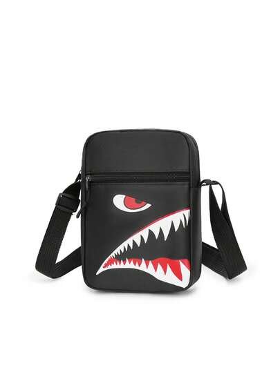 Men's Casual Plaid Crossbody Bag, Fashionable Small Square Messenger Bag, Unique Shark Mouth Design Halloween Bags Festival Valentine's Day