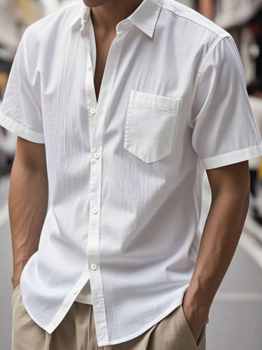 Hawaiian Style Linen Loose Casual Henley Collar Short Sleeve Shirt - White - View 1