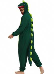 Adult Men's Cartoon Dinosaur One-Piece Pajamas, Autumn And Winter Thickened Animal One-Piece Pajamas, Hooded Warm Home Clothes, Halloween Costumes, Christmas Role-Play Party Costumes - 綠色 - 查看 1