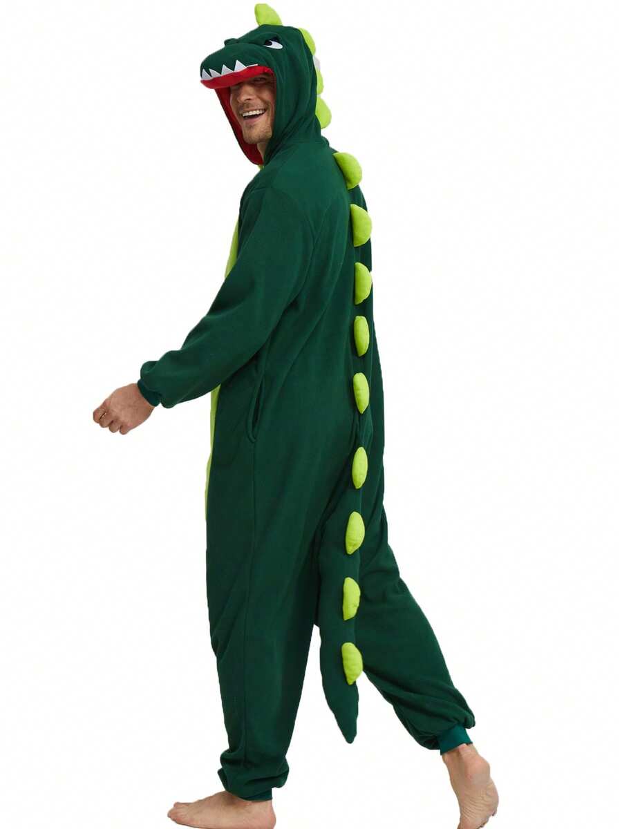 Adult Men's Cartoon Dinosaur One-Piece Pajamas, Autumn And Winter Thickened Animal One-Piece Pajamas, Hooded Warm Home Clothes, Halloween Costumes, Christmas Role-Play Party Costumes - 綠色 - 查看 1