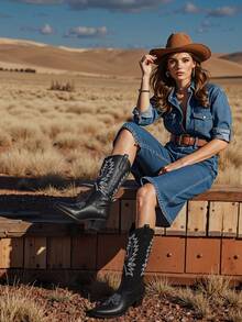 Fashion Women Western Boots Retro Vintage Chunky Heels Slip On Mid Calf Boots Embroidery Cowgirl Cowboy Ridding Shoes - 黑色 - 查看 2