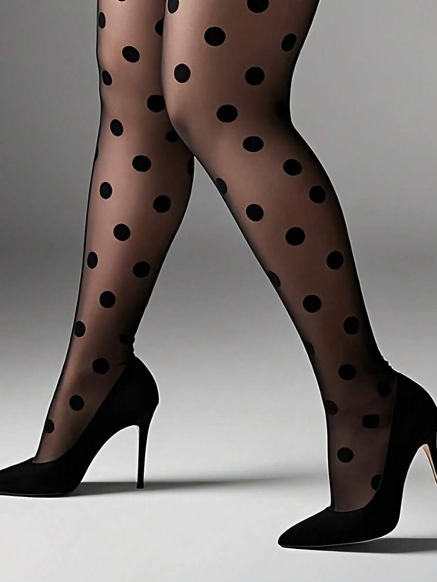 1 双女式加大码复古大号波尔卡圆点连裤袜 - 黑色 - 查看 1
