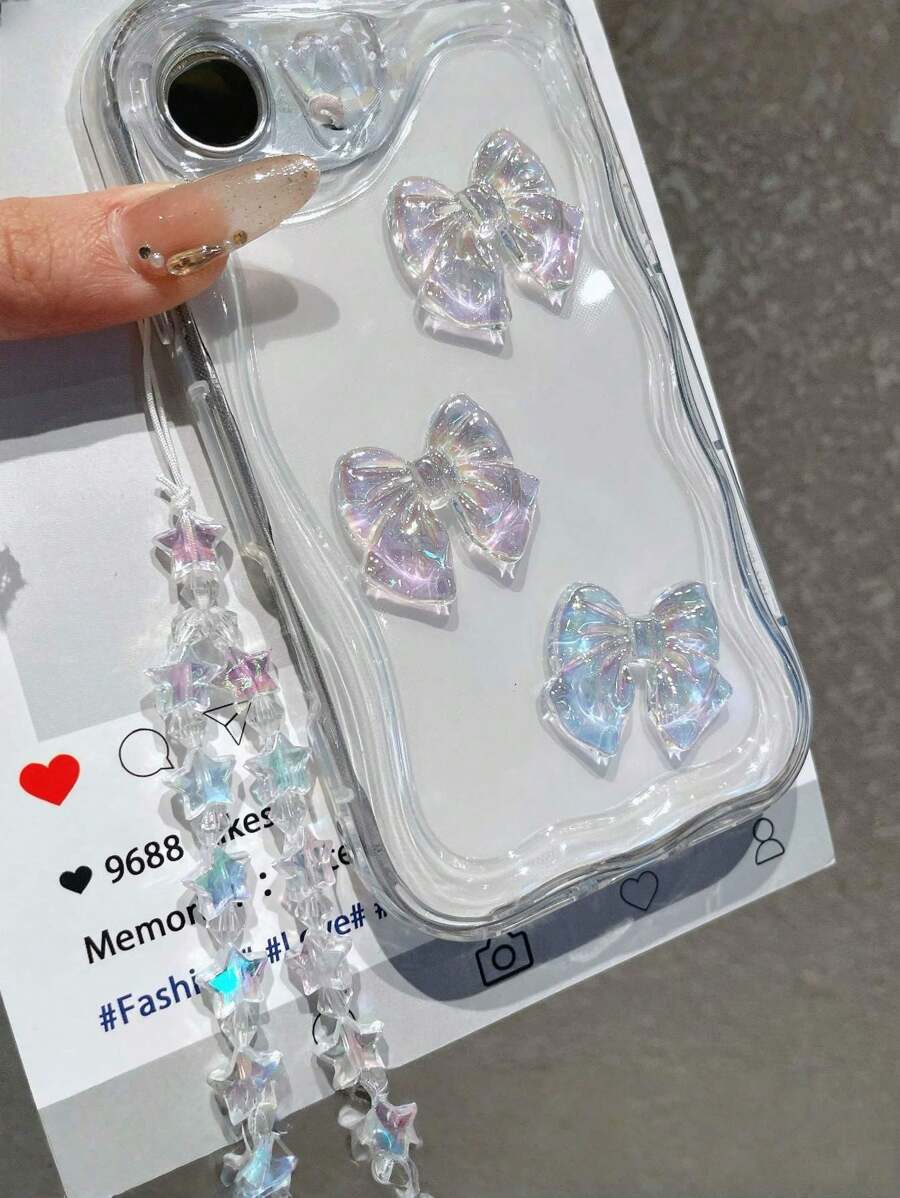 奶油色波浪边手机壳 | 闪亮激光蝴蝶结星链 - 适用于三星 S20-S25/Ultra/FE/Plus/Ultra、Redmi 手机，适用于 17/17 Air/17 Pro/17 Pro Max、16-7/Pro/Pro Max/Plus 手机 | 白色/透明不对称手机壳 - 防摔防刮手机保护 - 無色 - 查看 1