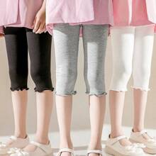 4 Pairs Summer Girls/Kids/Infants Ruffle Edge Capri Leggings, White/Gray/Black/Pink Solid Colors, Thin 3/4 Length Pants, Casual Cute Fashion, Soft & Comfortable Bottoms, Suitable For Daily Wear, Can Be Paired With Tops Or Skirts