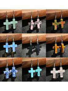 9 Pairs Of Fashionable Natural Stone Crystal Ear Studs, Women's Jade Cross-Shaped Earrings, Retro Earrings, Suitable For Daily Wear, Gifts For Both Men And Women