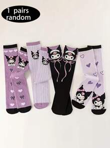 Sanrio1/4 Pairs Sanrio Socks] Sanrio 4 Pairs Mid-Calf Socks With Love Bow In Purple | Simple And Versatile Youngsters's Socks For Girls, Kurumi Girl Socks