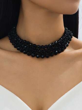 1pc Electroplated Black Aluminum Chain Woven Crystal Classic Elegant 3-Strand Bib Necklace For Women, Suitable For Banquet, Party, Holiday