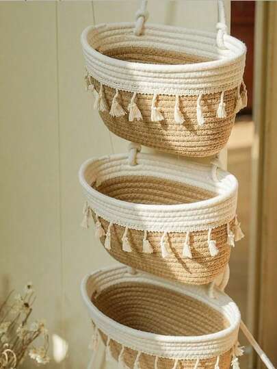 Three-Layer Storage Basket, Over The Door Hanging Baskets, 3-Tier Woven Cotton Storage Organizer Bag, Wall-Mounted Decorative Nursery Kitchen Baskets