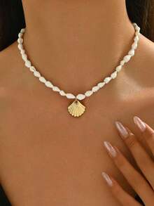 1pc  Beaded Necklace With Tropical  Shell Pendant, Fashionable Ocean Inspired Choker Suitable For Women, Holiday, Party And Daily Wear - 海螺 + 貝殼 - 查看 1