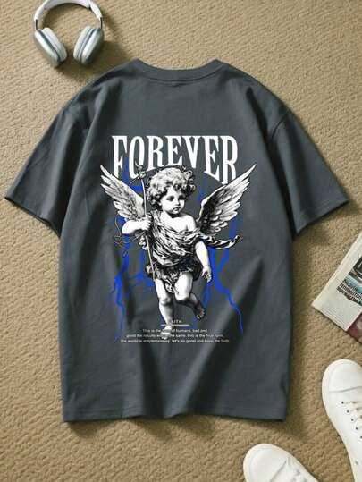 Boys & Teen Casual Everyday Wear Angel Pattern Round Neck Short Sleeve T-Shirt