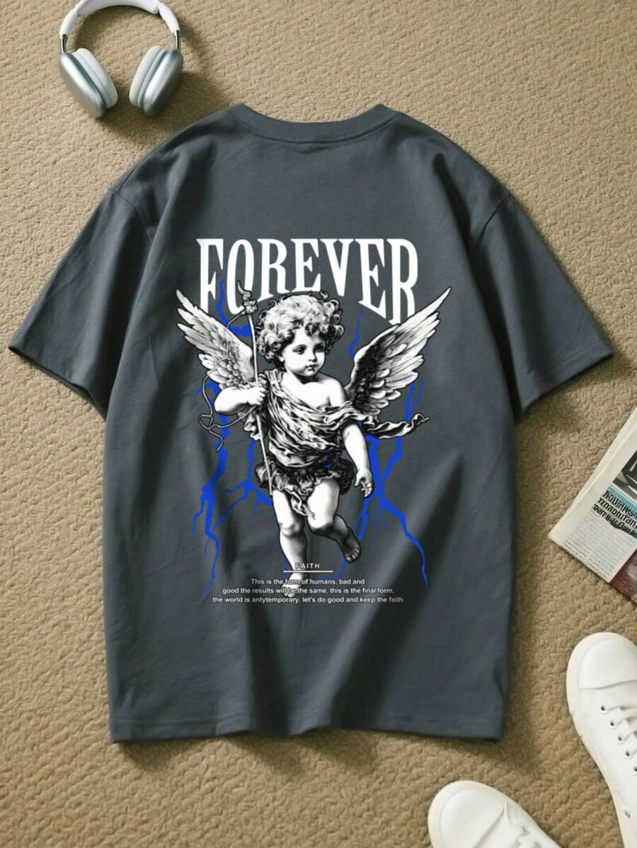 Boys & Teen Casual Everyday Wear Angel Pattern Round Neck Short Sleeve T-Shirt - Grey - View 1
