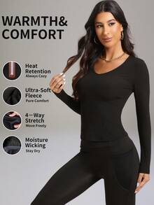 1 Stück Herbst/Winter Langarm Top mit V-Ausschnitt und Rippstrick, einfarbiges lässiges vielseitiges U-Saum Design in Slim Fit, geeignet für Oberbekleidung, Sport, Yoga und Unterhemd - Schwarz - Übersicht 5