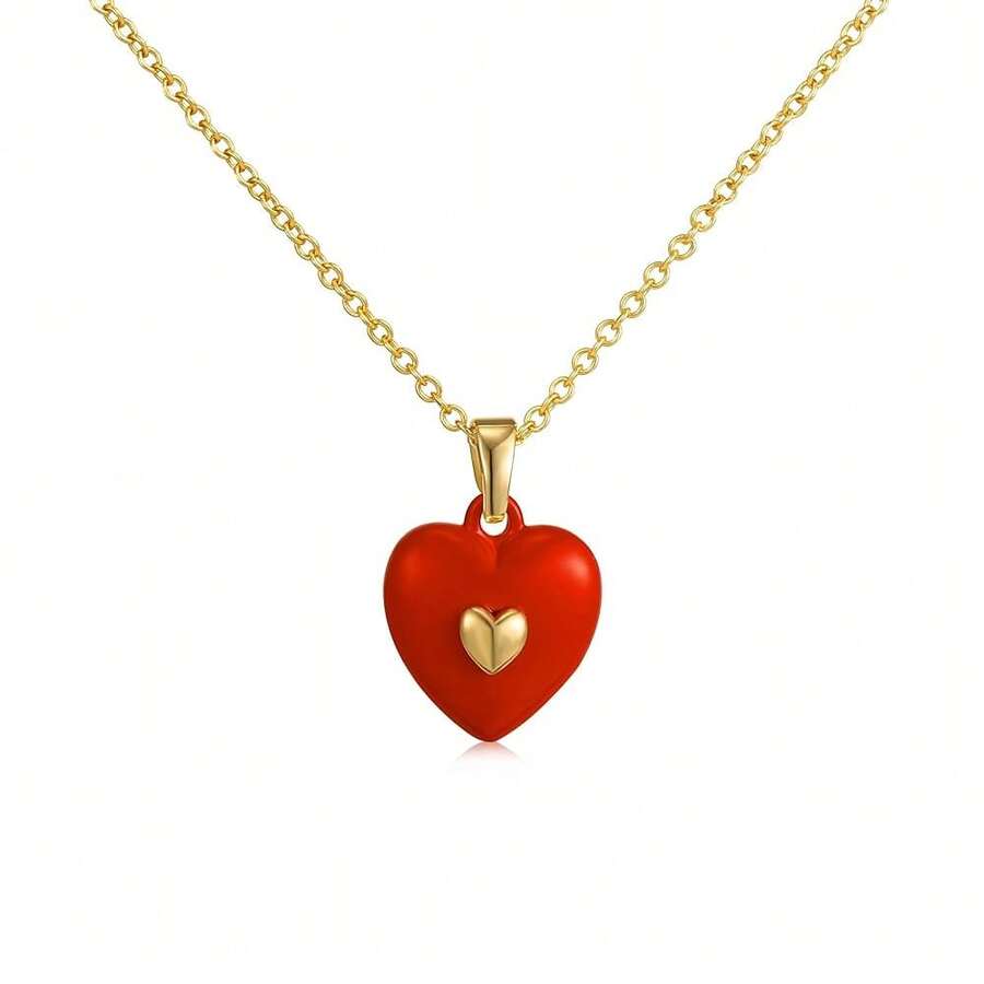 14K Gold Plated Heart Pendant Necklace For Women  Cute Dainty Love Choker Necklaces Pink Black White Red Enamel Heart Pendants Fashion Jewelry Birthday Mother Gifts-361938 - 紅色 - 查看 1