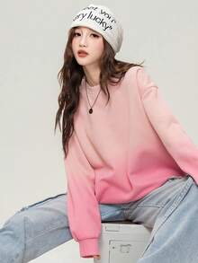 糖果色宽松运动衫，秋季时尚渐变色清新百搭圆领上衣