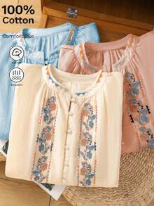 Damen Vintage bestickte weite Boho-Stil Bluse, lässiges Top für Frühling und Herbst - Blau - Übersicht 4