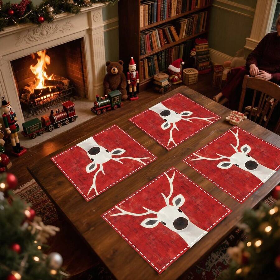 1pc/4pcs/6pcs/100pcs Christmas Deer Pattern Placemats, Machine-Washed Rectangular Polyester Placemats, Table Protectors, Heat-Insulating Placemats, Restaurant Table Decorations, Party Supplies, Christmas Decorations, Can Be Given As Gift