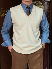 Men's Casual Everyday Simple Solid Color V-Neck Sweater Vest, Autumn