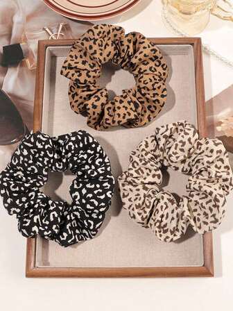 3pcs Leopard Print Hair Scrunchies & Hair Tie Set, Elastic Hair Accessories, Fashionable Dark Color Design, Suitable For Ponytail And Bun, Home Beauty Women Accessory Gifts, Ponytail Holders, Hair Elastics, Hair Rubber Bands, Hair Rope ,Animal Print