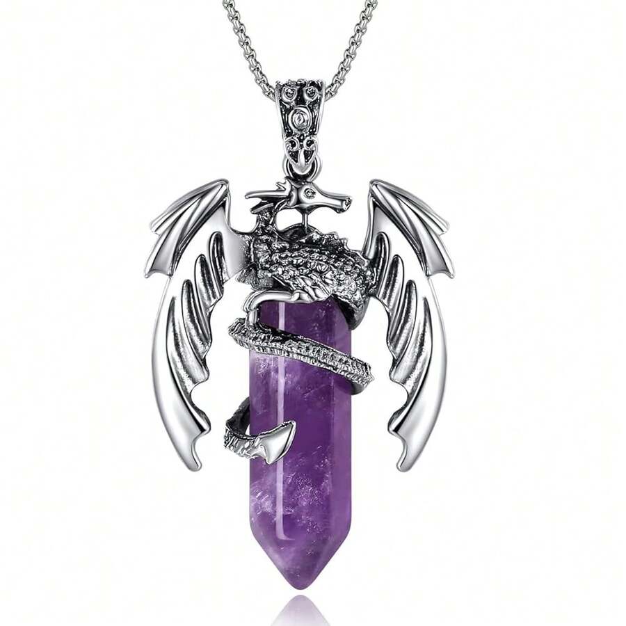 XIANNVXI Crystal Healing Stone Necklace For Men Women Amethyst Vintage Dragon Necklace Cool Simple Retro Natural Reiki Spirtural Witch Gemstone Pendant Jewelry-901744 - A-Thạch anh tím - Xem 1