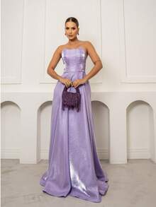 Debutante Party Dress, Prom, Bridesmaid Wedding, Strapless, Zibeline Gloss - 紫丁香 - 查看 1