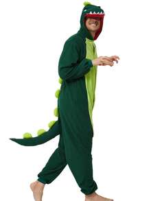 Adult Men's Cartoon Dinosaur One-Piece Pajamas, Autumn And Winter Thickened Animal One-Piece Pajamas, Hooded Warm Home Clothes, Halloween Costumes, Christmas Role-Play Party Costumes - 綠色 - 查看 2