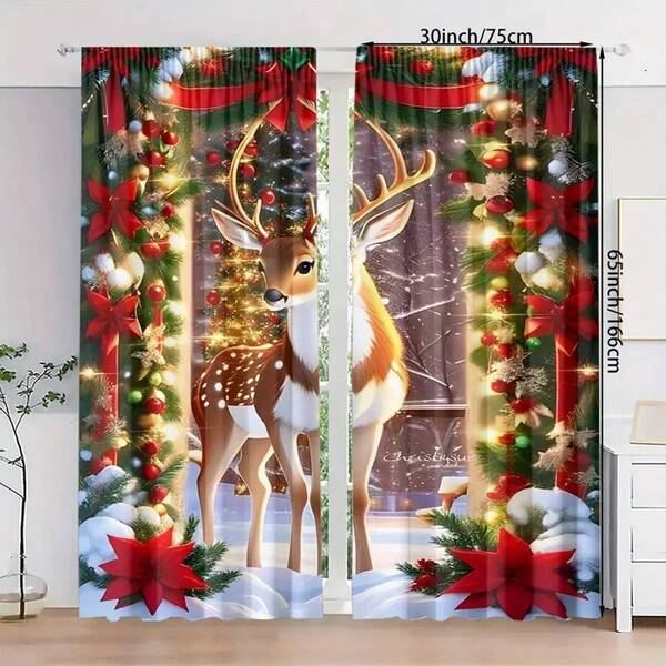 2 piezas de cortinas con impresión digital de alta definición - Cortinas decorativas con patrón de flores y ciervos, paneles de cortinas con bolsillo para barra resistentes a la decoloración, adecuadas para sala de estar, dormitorio, oficina, decoración del hogar - lavables a máquina