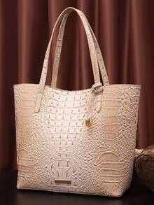 Women's Shoulder Bag European And American Style Crocodile Print Tote Bag Blue Large Capacity Commuter Tote Bag With Coin Purse Blue Crocodile Leather Tote Bag Large-Capacity Mother-In-Law Bag Fashionable And Versatile Handbag - 卡其色 - 查看 5