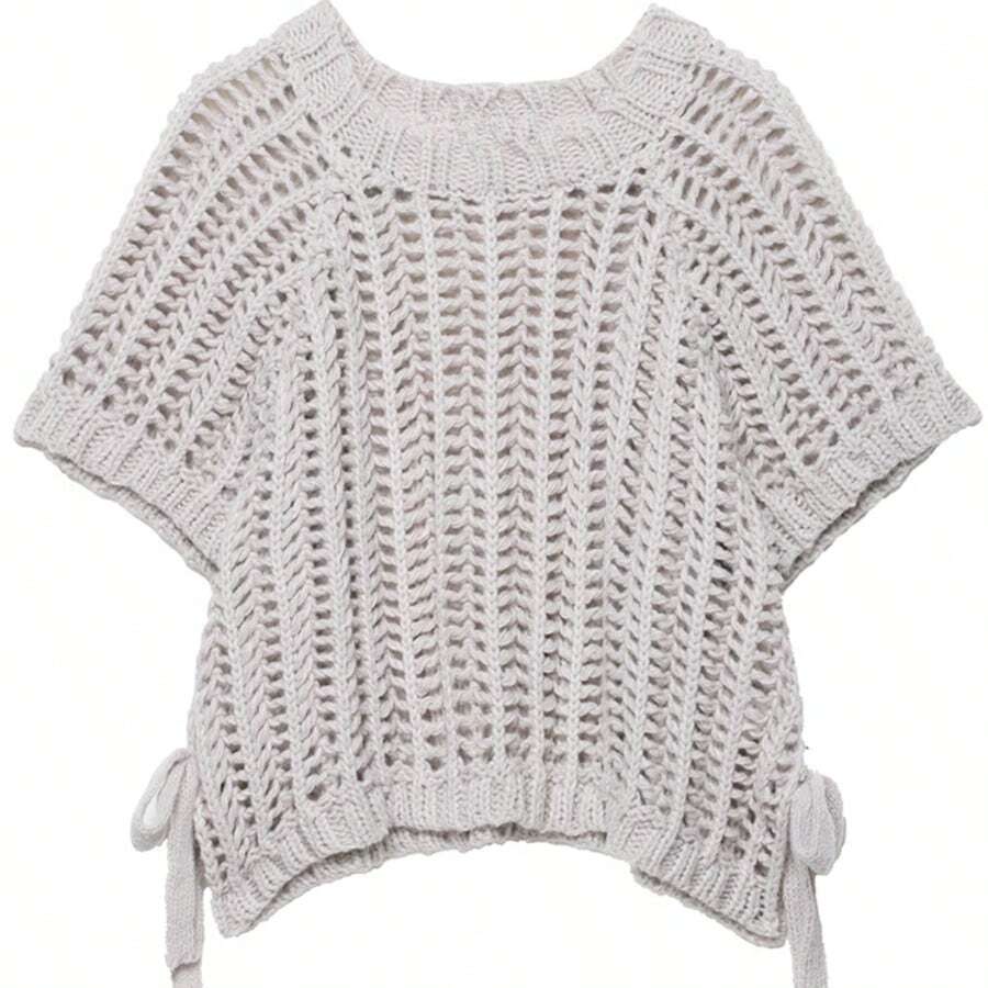 ZEVITY Women's Fashion Side Lace-Up Hollow Out Casual Knit Sweater, Hem Slit Tie Design Thick Knit Pullover SW2515, Autumn/Winter - Grey - View 1