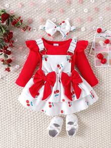 2件套女婴优雅可爱长袖连体衣+吊带裙套装，轻薄透气，适合春秋季穿着 - 紅色 - 查看 1