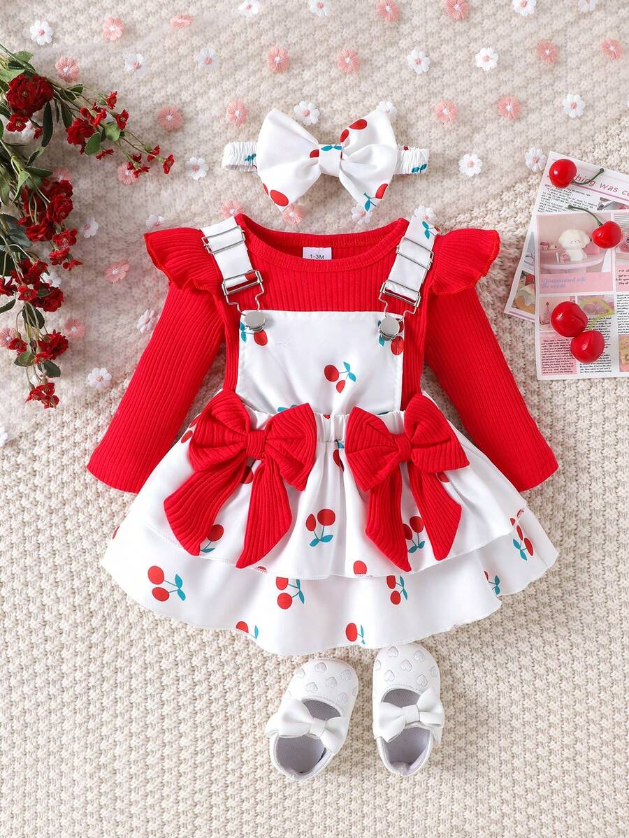 2件套女婴优雅可爱长袖连体衣+吊带裙套装，轻薄透气，适合春秋季穿着 - 紅色 - 查看 1