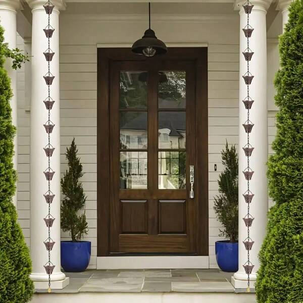 Cadena recolectora de lluvia para drenaje exterior, cadena de cobre de 8.5 pies (aproximadamente 2.7 metros) con 12 tazas, utilizada para decoración de boquilla inferior, desviador de bajante de drenaje, decoración exterior de metal cadena de lluvia de cobre con prevención de óxido