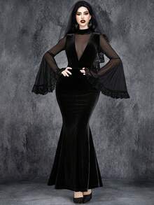 Robe de fête pour femme style gothique sexy, sombre et romantique, thème Halloween sorcière, manches longues transparentes, jeu de rôle mariée fantôme, mariage sombre, empiècement dentelle et velours, coupe sirène - Noir - Voir 2