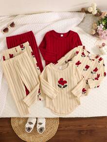 6 件套女童柔软舒适简约户外罗纹长袖花卉印花上衣 + 裤子多件套冬季服装 - 彩色 - 查看 2